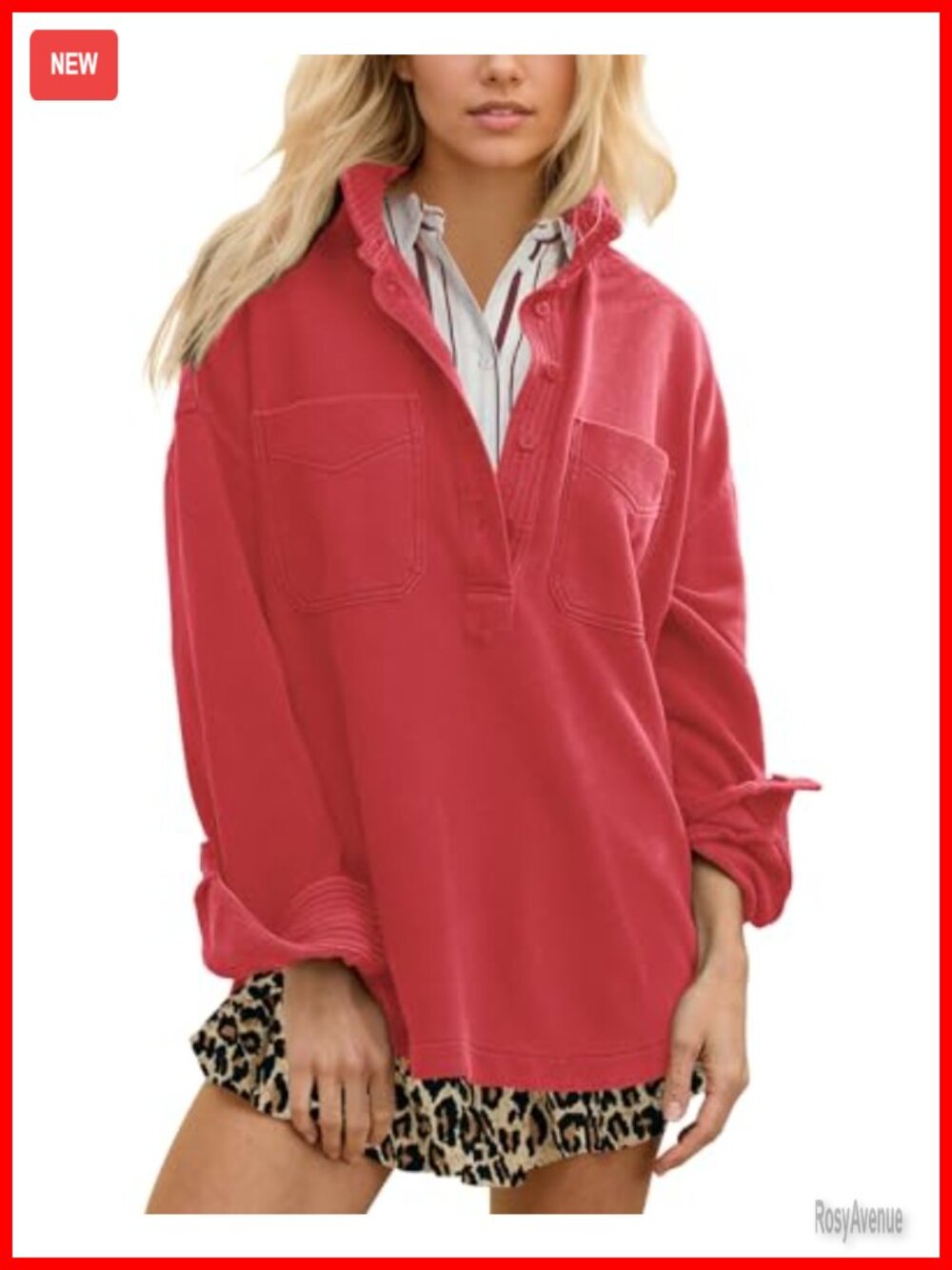 Oversized Polo Neck Sweatshirt Pullover with Pockets